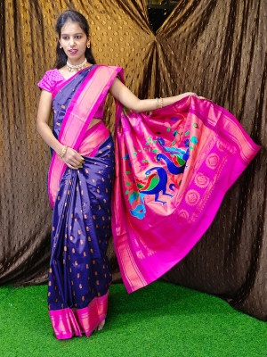 HouseOfCommon Woven Paithani Art Silk Saree(Dark Blue)
