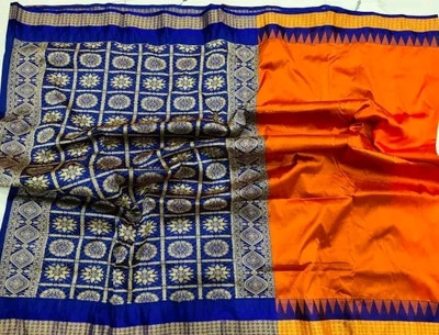 Archna Creation Temple Border Sambalpuri Art Silk Saree(Orange, Blue)
