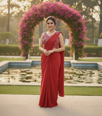 rama creation Solid/Plain, Striped, Embellished Pre Draped Saree Chiffon Saree(Red)