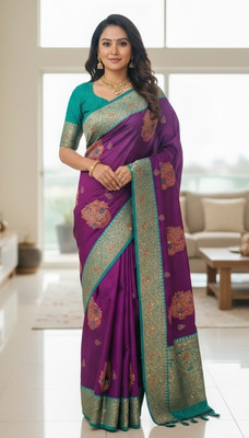 sarees Woven Kanjivaram Raw Silk Saree(Purple)