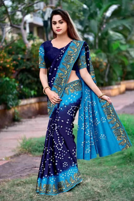 rajranitextiles Hand Painted Bandhani Georgette Saree(Grey)