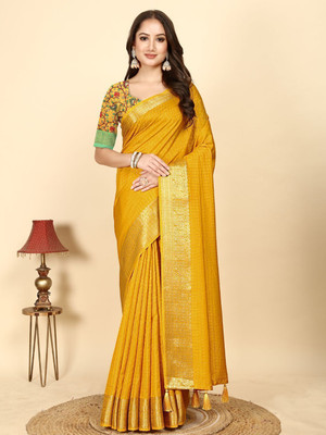 J6 Designers Printed Assam Silk Art Silk Saree(Yellow)