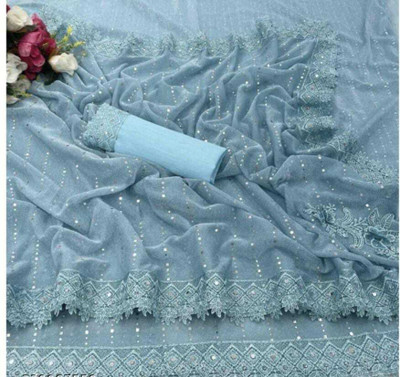 Radhe Krishna Fashion Applique Bollywood Lycra Blend Saree(Light Blue)
