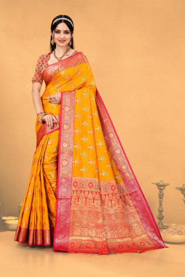 NTC Woven, Self Design Patola Jacquard Saree(Yellow)