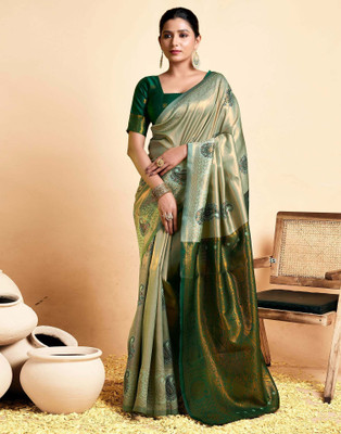 Falessa Woven Banarasi Silk Blend Saree(Green)