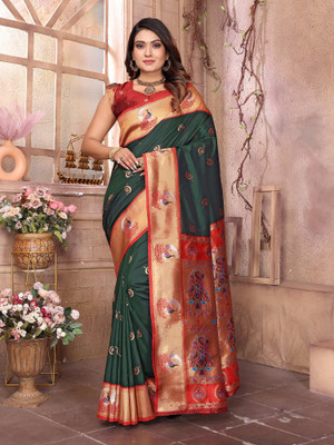Elora Woven Paithani Silk Blend Saree(Dark Green)