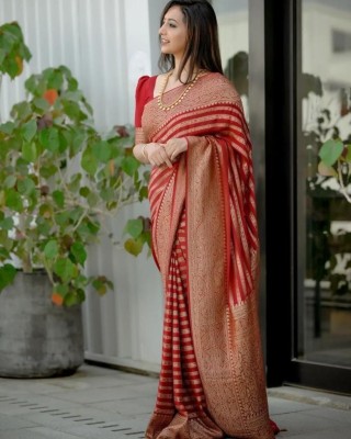 Upalksh Self Design, Woven, Printed, Temple Border, Striped, Embroidered, Solid/Plain Daily Wear Jacquard, Art Silk Saree(Red)