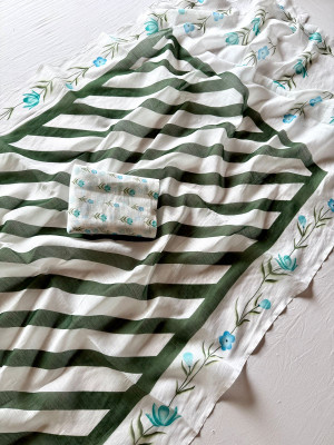 sdgratitud Striped, Floral Print, Digital Print Daily Wear Cotton Linen, Linen Saree(White, Dark Green)