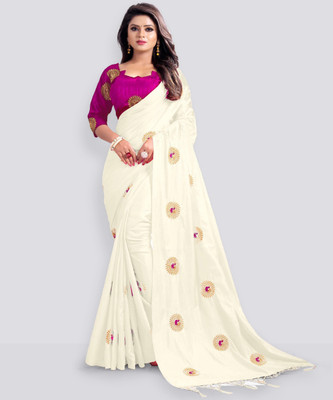 Kuvarba fashion Embroidered Bollywood Silk Blend Saree(White)