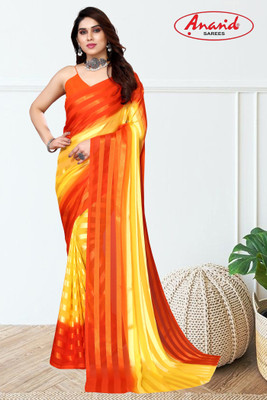 Anand Sarees Striped Bollywood Satin Saree(Yellow, Orange)