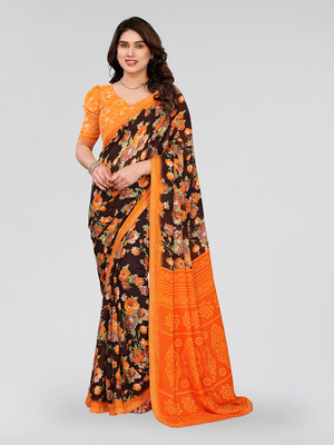 Moda Rapido Floral Print Daily Wear Georgette Saree(Brown, Orange)