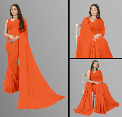Anand Sarees Solid/Plain Daily Wear Georgette Saree(Orange)