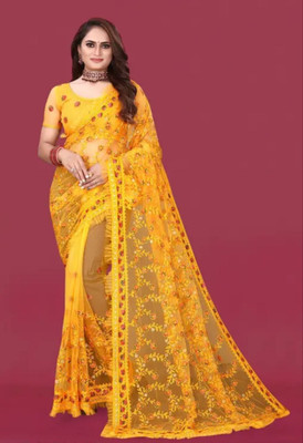 GALANI ENTERPRISE Embroidered Bollywood Net Saree(Yellow)