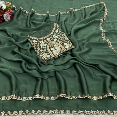 niesha fashion Embroidered Bollywood Chiffon Saree(Dark Green)
