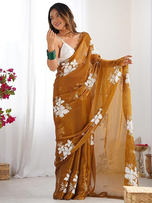 MM BROTHERS Floral Print Bollywood Chiffon Saree(Brown)