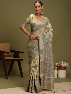 Tasrika Digital Print Hand Batik Satin, Silk Blend Saree(Beige)