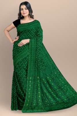 cloud vastra Woven Jamdani Cotton Blend Saree(Dark Green)