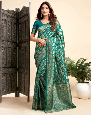 SATQ Woven, Floral Print, Geometric Print, Temple Border Kanjivaram Cotton Silk, Jacquard Saree(Light Green)