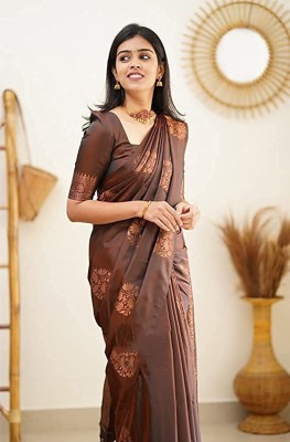 VAKHARIYAFAB Woven, Solid/Plain Kanjivaram Art Silk, Pure Silk Saree(Brown)