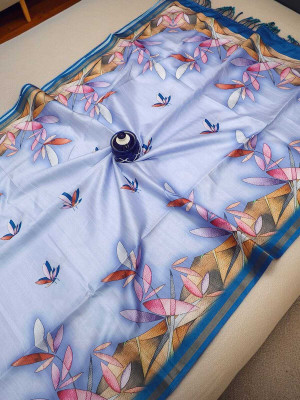 WILLMAKE Printed, Applique, Embellished, Floral Print, Woven Bollywood Cotton Linen Saree(Light Blue)