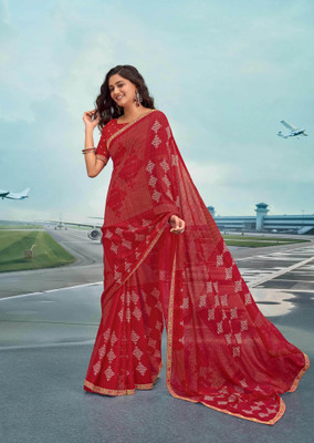 Laxmipati sarees Printed Saree with Attached Blouse Silk Blend Saree(Red)