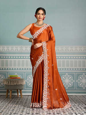 SARETRA MALL Embroidered, Floral Print Bollywood Tissue, Organza Saree(Orange)