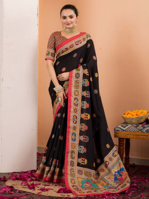 ANOUK Printed Daily Wear Silk Blend Saree(Black)