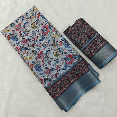 Sniccs Trend Printed, Floral Print Daily Wear Linen Saree(Blue)