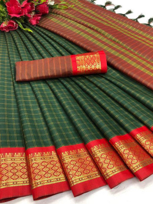 JbWorld Checkered, Woven Gadwal Cotton Silk, Pure Silk Saree(Green, Red)