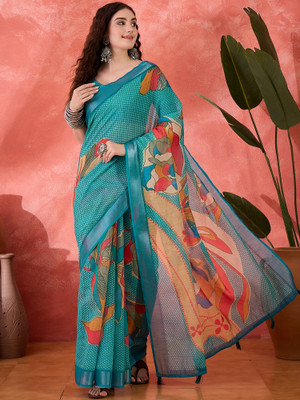 Sangria Printed Saree with Attached Blouse Cotton Blend Saree(Blue)