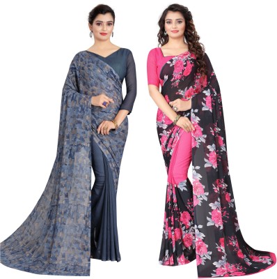 YASHIKA Printed Daily Wear Georgette Saree(Pack of 2, Black, Grey)