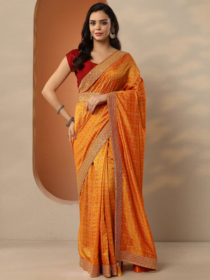 LIBAS Printed Bandhani Silk Blend Saree(Mustard)
