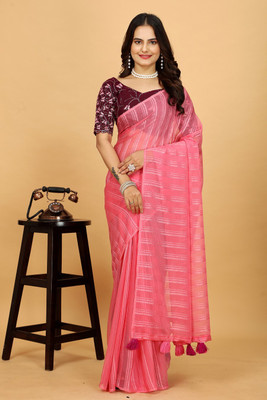 SAADHYA CREATION Embroidered, Solid/Plain Bollywood Chiffon Saree(Pink)