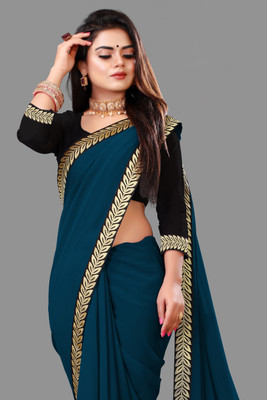 Harbhole Lace Border Self Design, Solid/Plain Bollywood Georgette Saree(Multicolor)