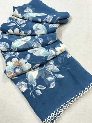 niesha fashion Floral Print, Printed Daily Wear Georgette Saree(Dark Blue)