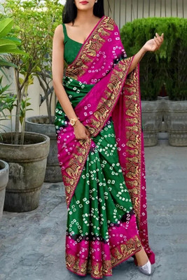 rajranitextiles Printed Bandhani Georgette Saree(Green, Pink)