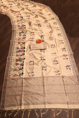 K 5 FASHION Digital Print, Floral Print Bollywood Cotton Silk Saree(Cream)