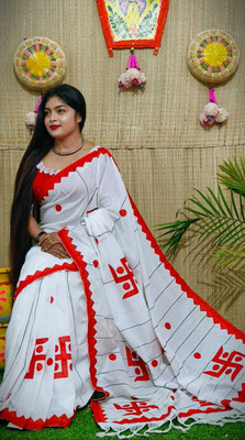 Gitobitan Printed Tant Cotton Silk Saree(White, Red)
