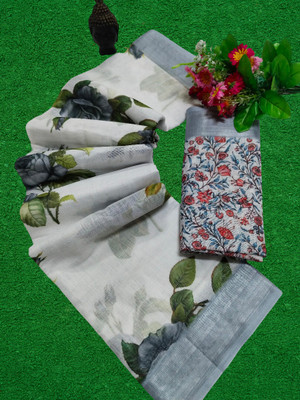 HouseOfCommon Floral Print Kanjivaram Linen, Cotton Linen Saree(White)