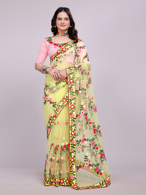 Mammooty Floral Print Bollywood Net Saree(Yellow)