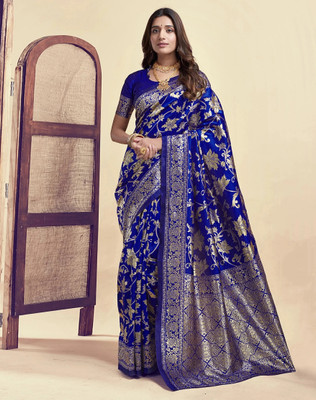 Parangi-A planet of style Woven Banarasi Cotton Silk Saree(Blue)