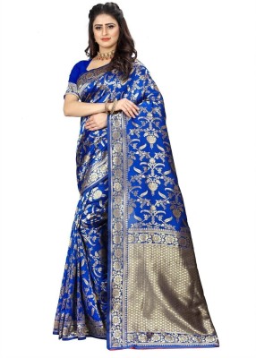 AMK FASHION Embellished, Floral Print, Self Design, Woven Kanjivaram Art Silk Saree(Light Blue)