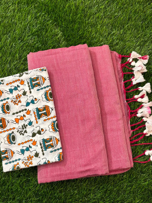 TARAMAACREATION Printed Kalamkari Handloom Pure Cotton Saree(Pink, Brown)