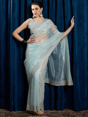 ANOUK Embroidered Bollywood Net Saree(Light Blue)