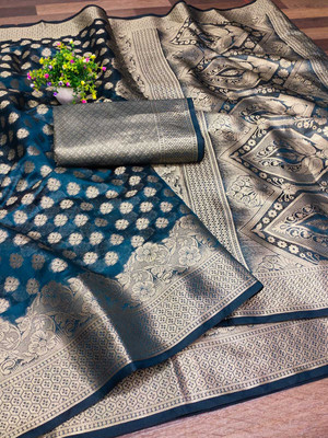 DHARM CREATION Self Design Banarasi Organza Saree(Blue)