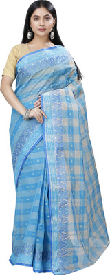 DipDiya Self Design, Checkered Tant Pure Cotton Saree(Light Blue)