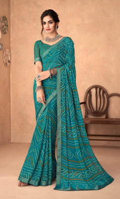 REBOOT FASHIONS Printed Bandhani Chiffon Saree(Green)