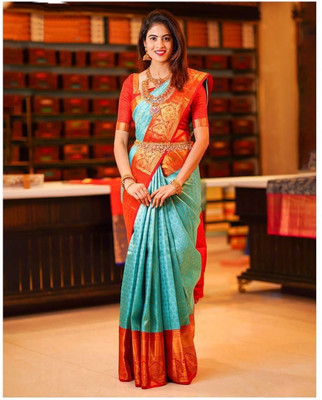 Diva's Choice Woven Kanjivaram Pure Silk, Art Silk Saree(Light Blue)