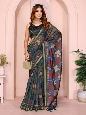 TRINETRA STUDIO Printed, Polka Print, Checkered Chanderi Chanderi Saree(Multicolor)