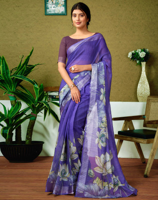 Divastri Digital Print, Floral Print, Embellished Bollywood Linen Saree(Purple)